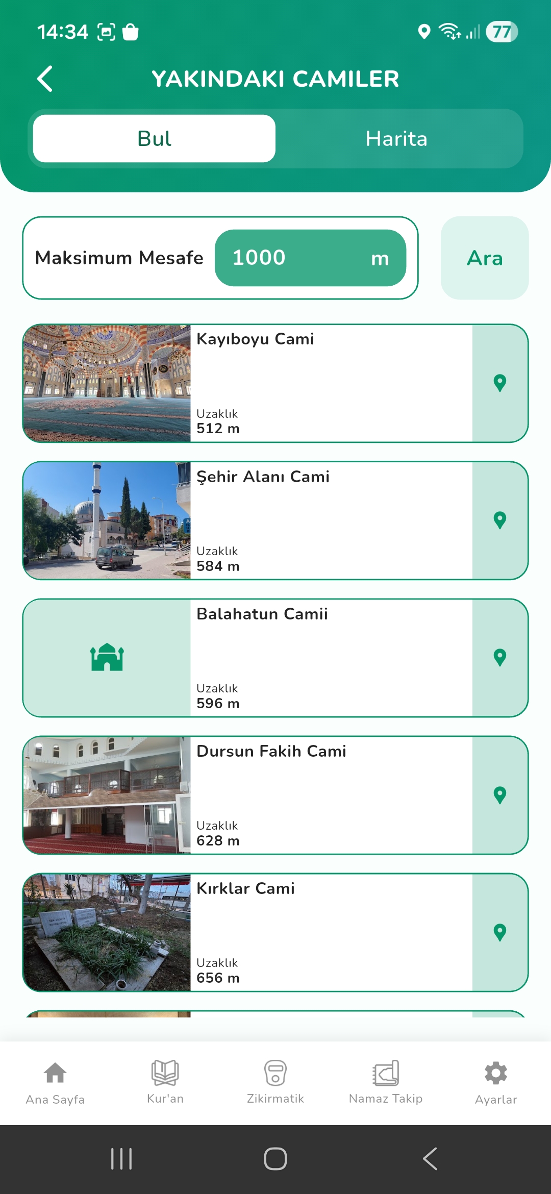 Yakındaki camiler ekranı