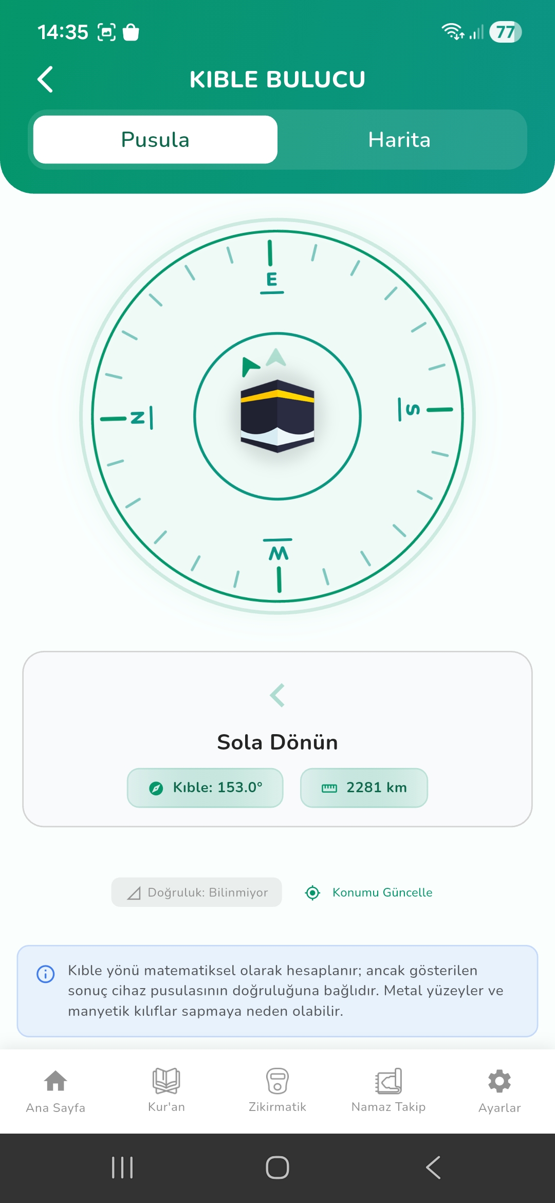 Kıble pusulası ekranı