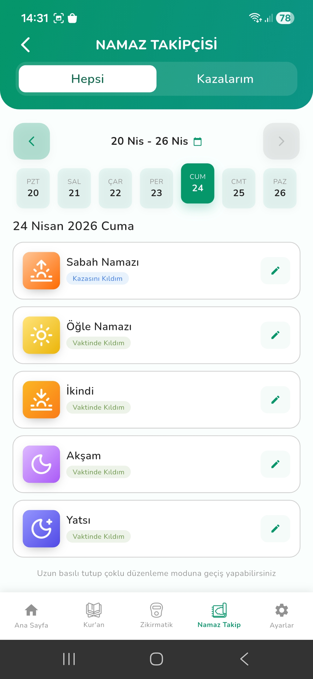 Namaz takibi ana ekranı