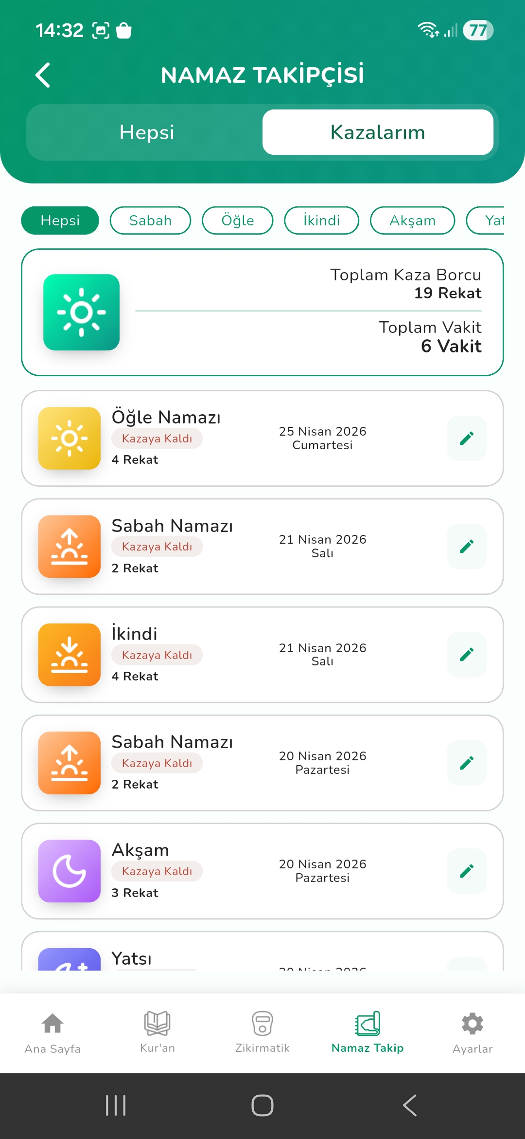 Kaza namazı takip ekranı