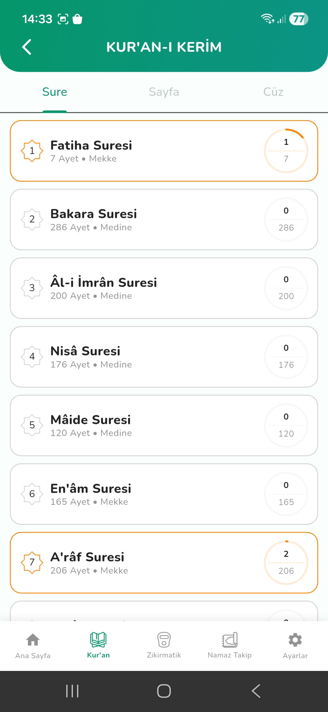 Kur'an okuma ekranı
